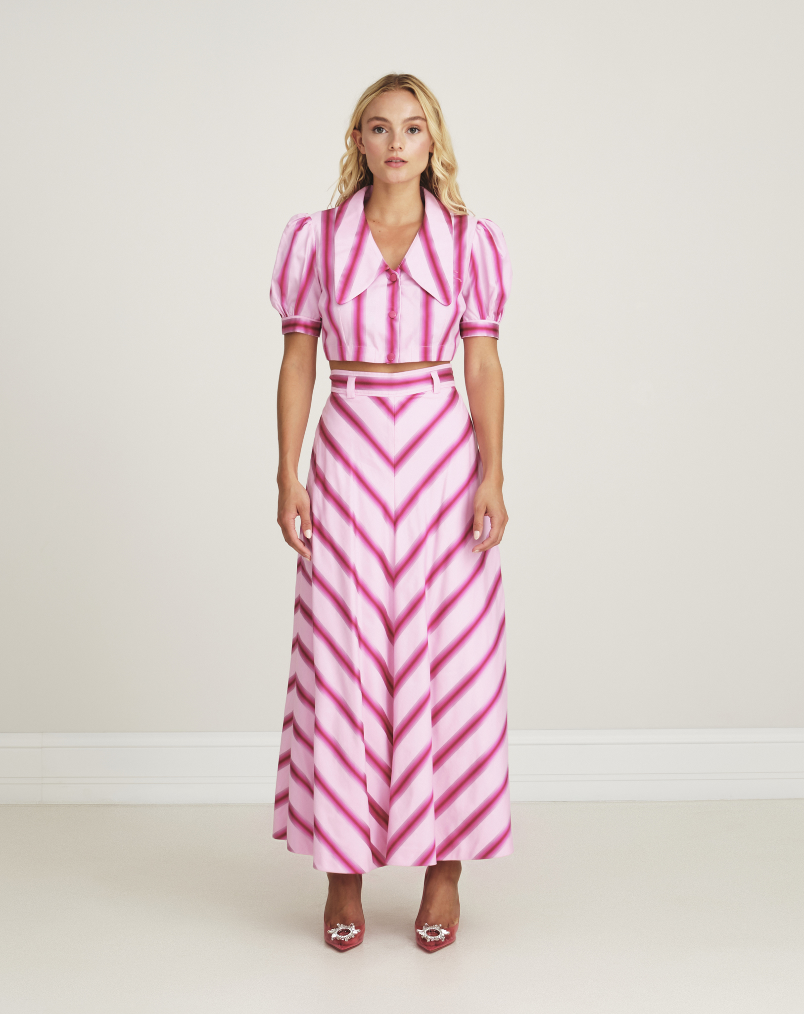 Etro - Pink Striped Cotton And Silk Blend Midi Skirt & Crop Shirt IT42